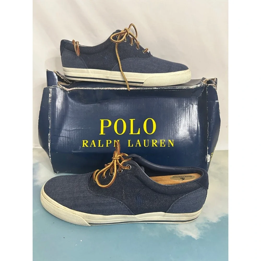 Polo Ralph Lauren Men Navy Blue Canvas Casual Shoes Sneakers Leather Laces Sz 11